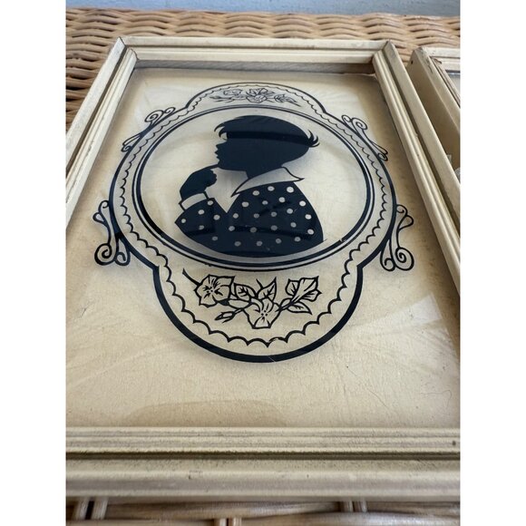 Vintage 40's Pair Reverse Painted Convex Glass Children Profile Bust Pictures - Picture 3 of 12